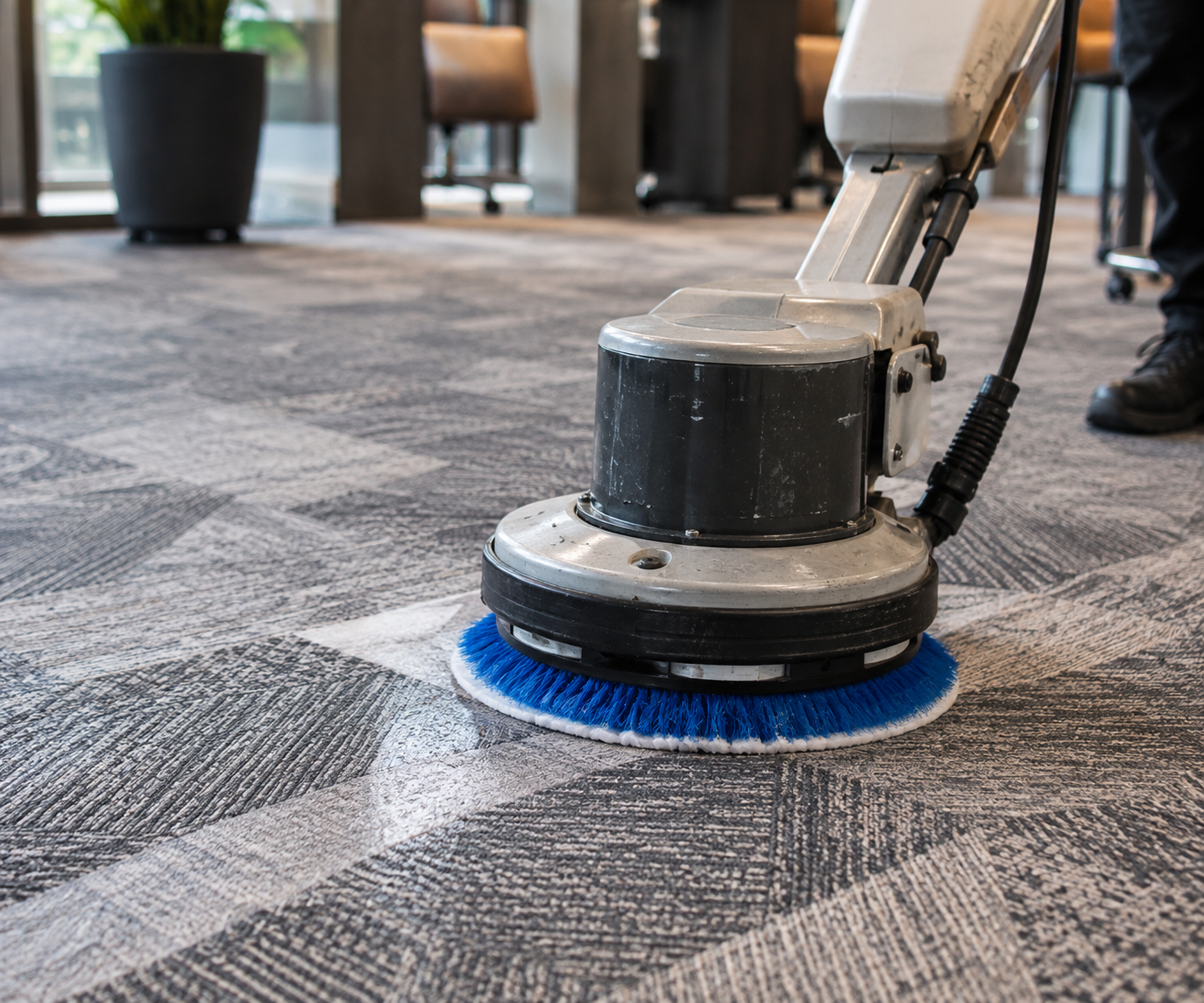 Carpet cleaning machine applying treatment to refresh office carpet
