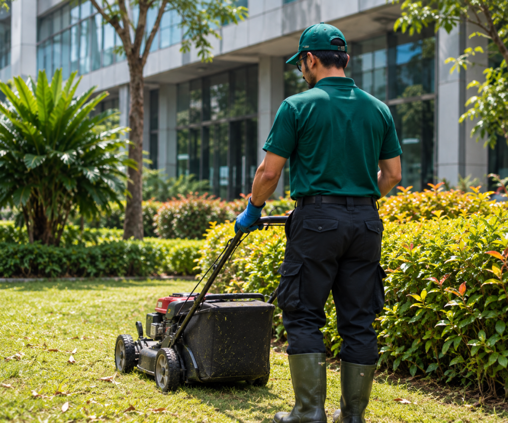 Alam Bersih worker cutting grass around a commercial property