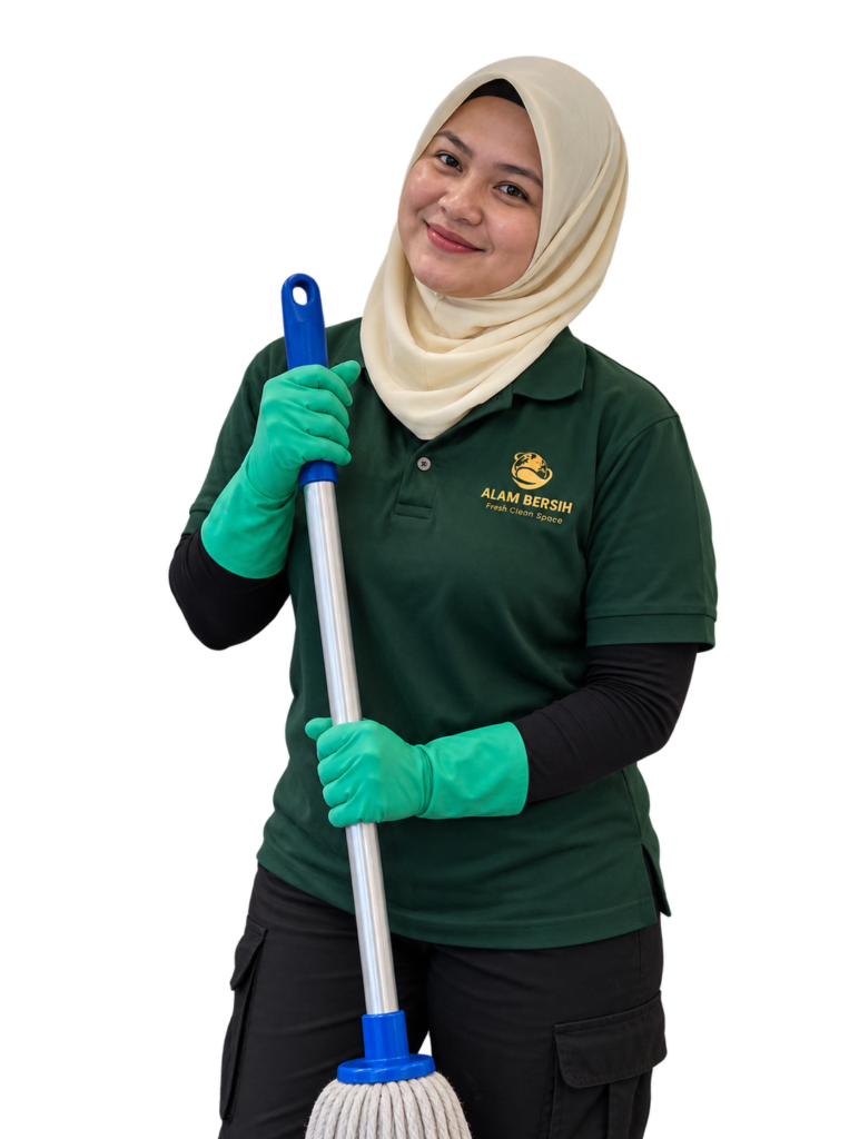 Alam Bersih cleaning staff ready for professional housekeeping work