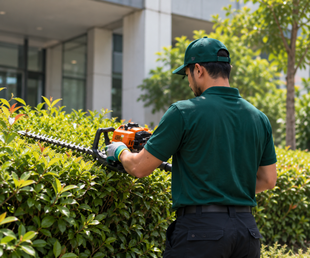 Landscaping staff trimming hedges outside a commercial building