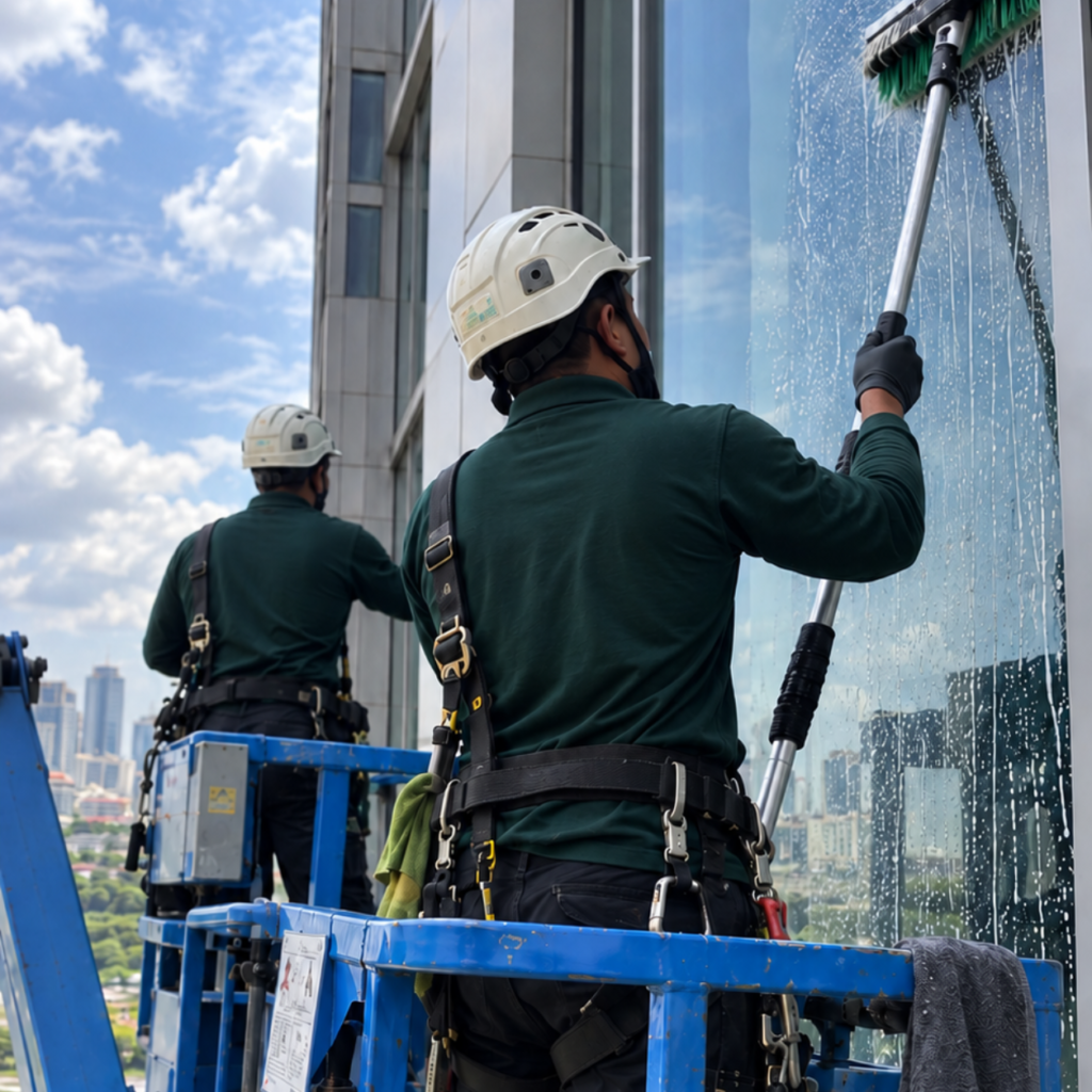 Professional facade cleaning team cleaning exterior glass surfaces of a commercial building