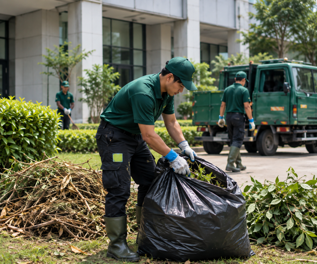 Worker moving a large waste bin inside a commercial facility