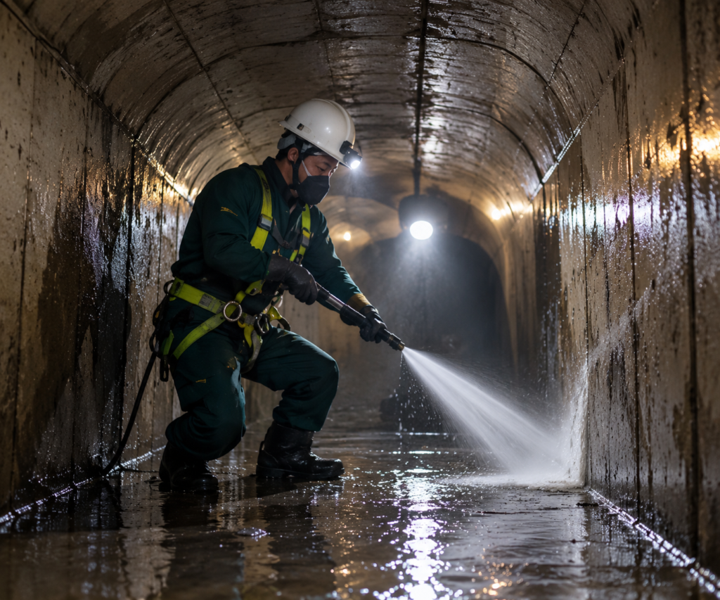 Worker carrying out confined space cleaning inside an enclosed chamber