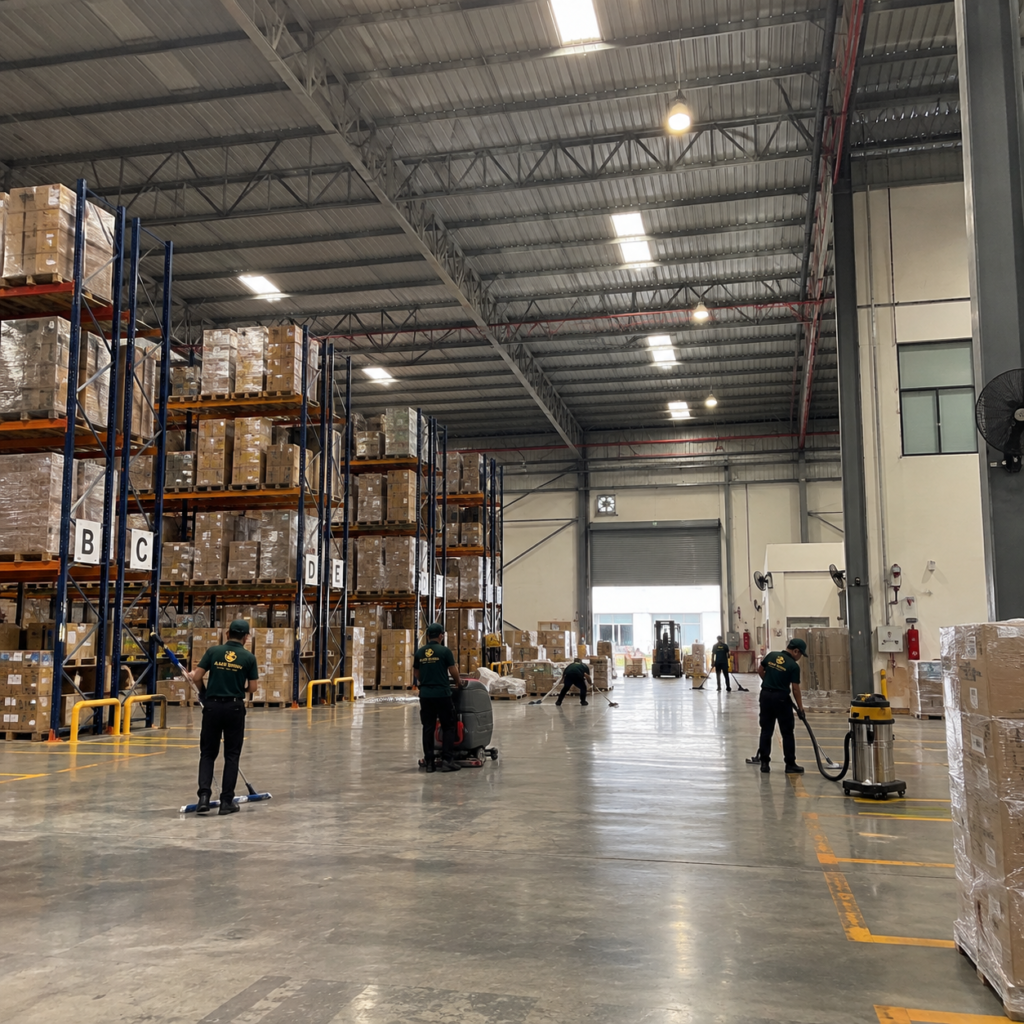 Factory and warehouse housekeeping team providing industrial cleaning services in Malaysia