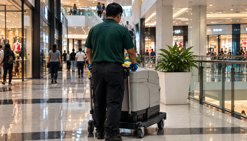 Cleaner using a floor cleaning machine in a shopping mall walkway