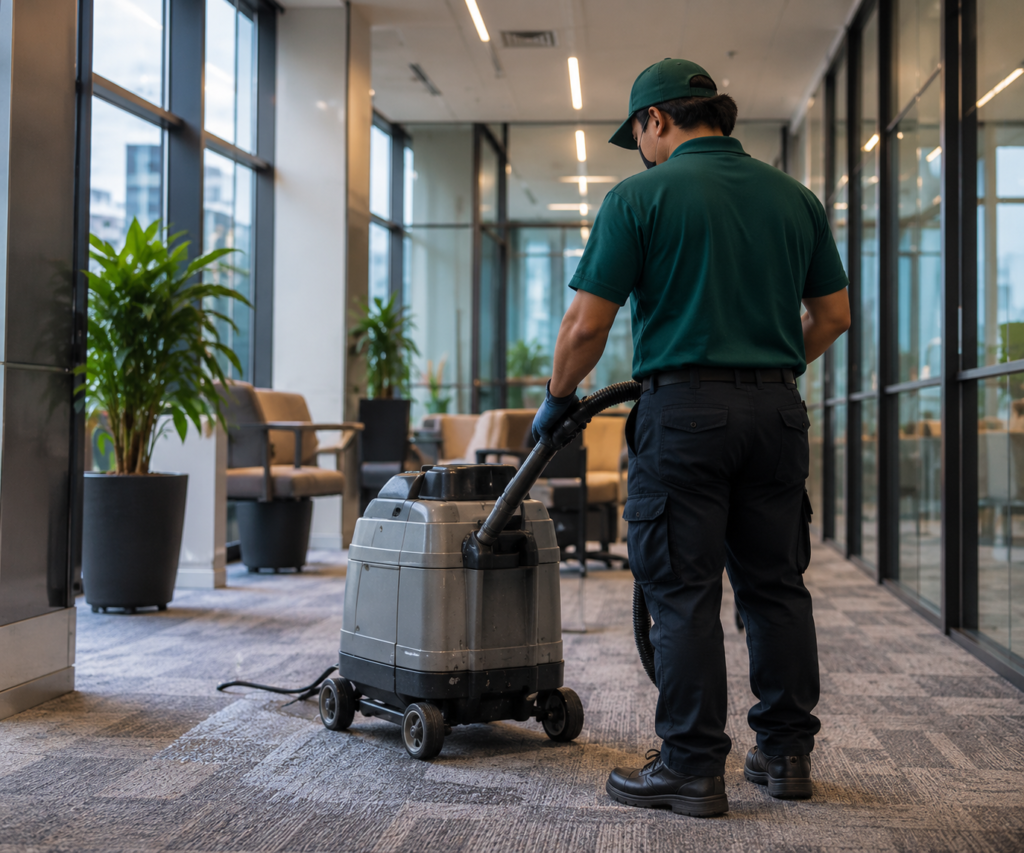 Cleaner using a carpet cleaning machine along an office corridor