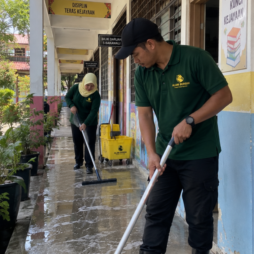 Professional school housekeeping team cleaning educational premises in Malaysia