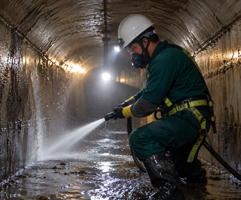 Worker using high pressure water to clean inside a confined space