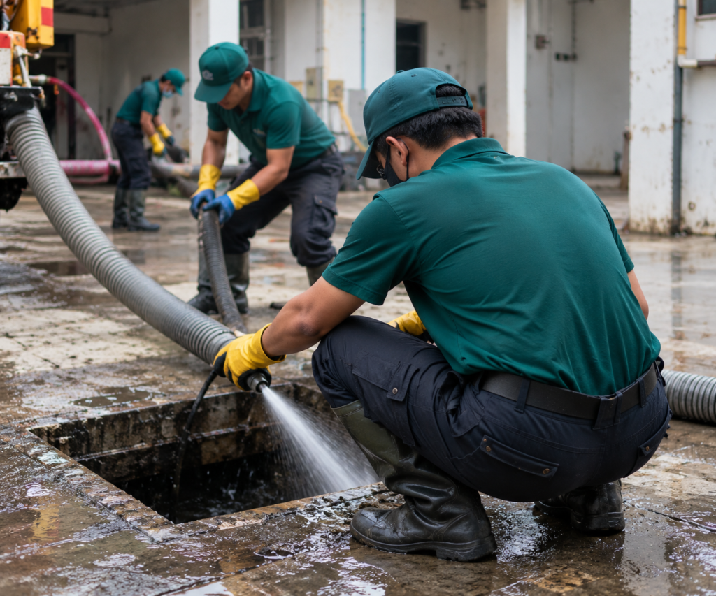 Cleaning staff clearing a blocked drain at a commercial property