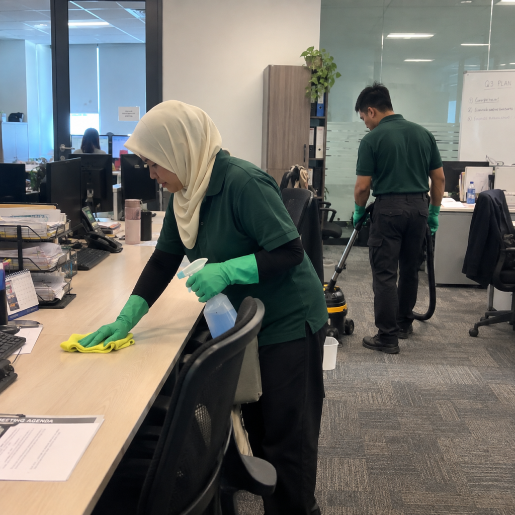 Professional office housekeeping team providing commercial cleaning services in Malaysia