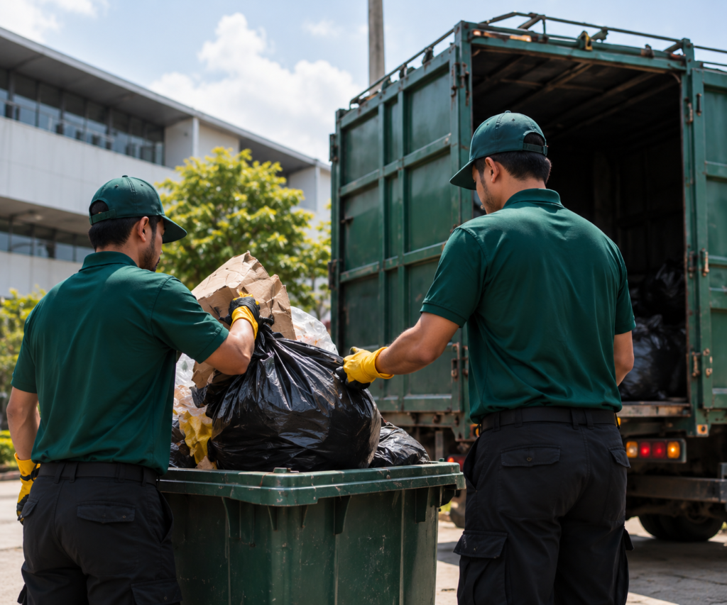 Workers collecting and sorting waste from a commercial property