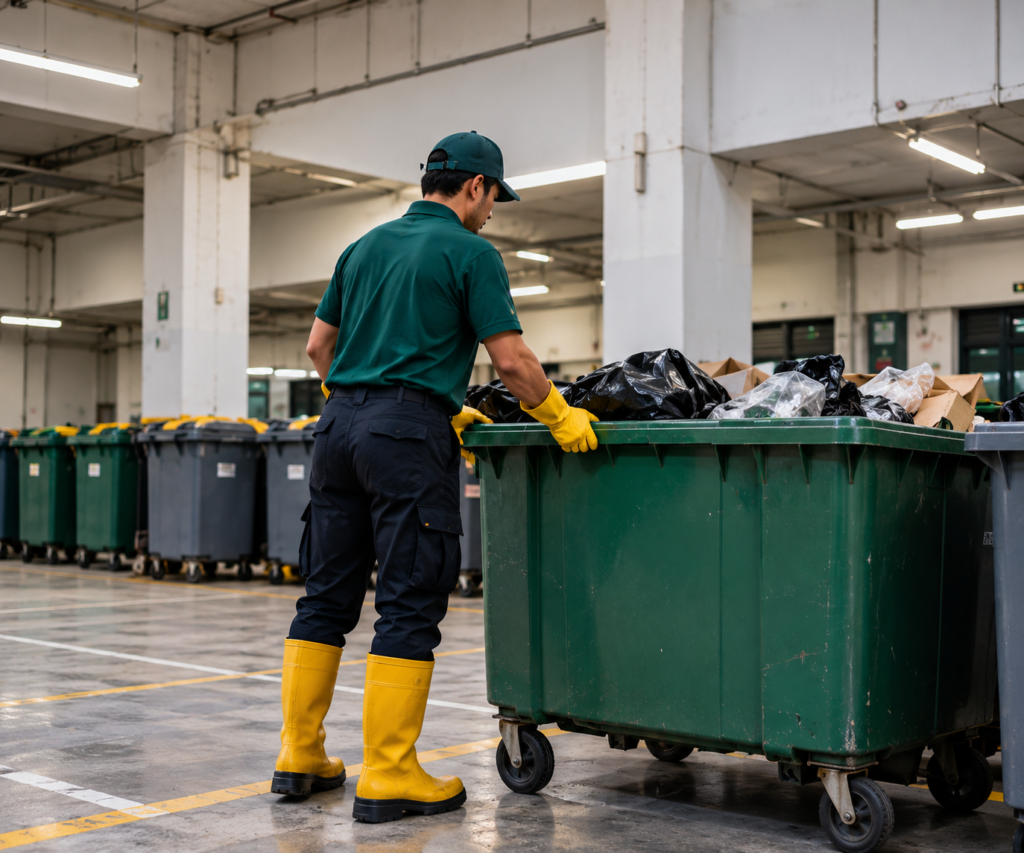 Worker moving a large waste bin inside a commercial facility
