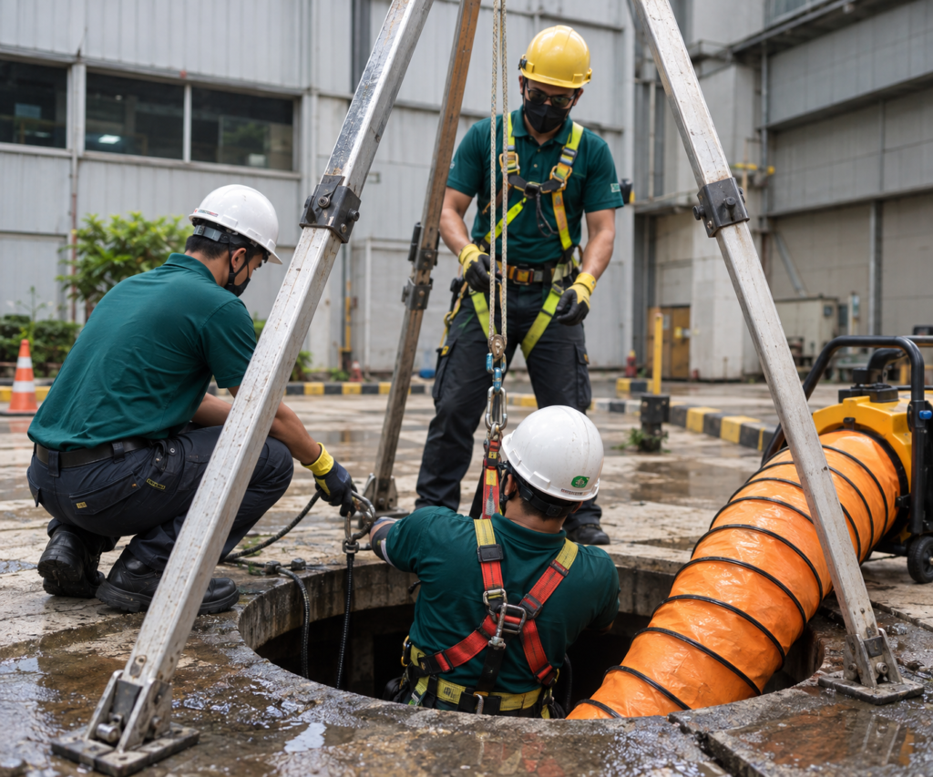Cleaning team preparing to enter a confined space for maintenance work