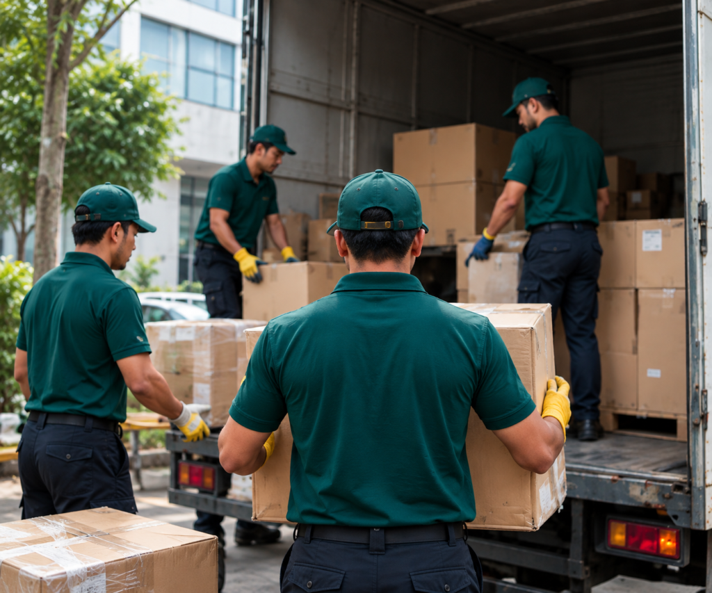 Workers loading boxes into a truck at a commercial site