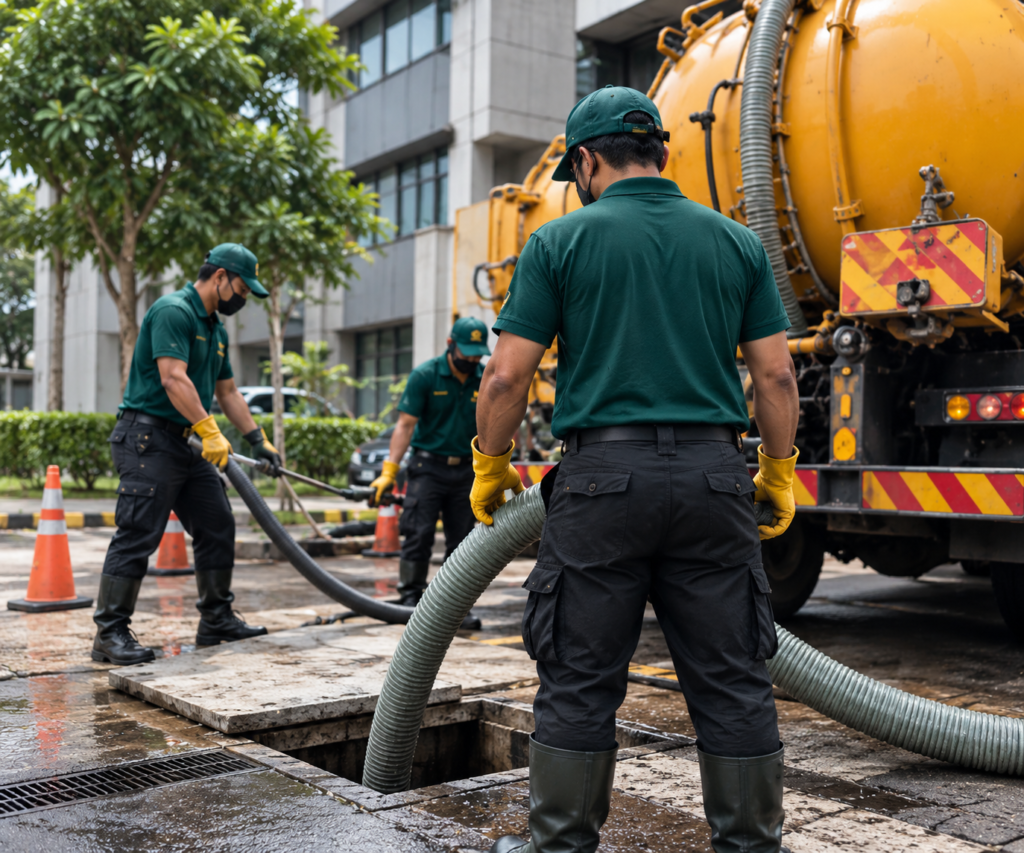 Cleaning team carrying out septic tank and drainage cleaning with a vacuum truck