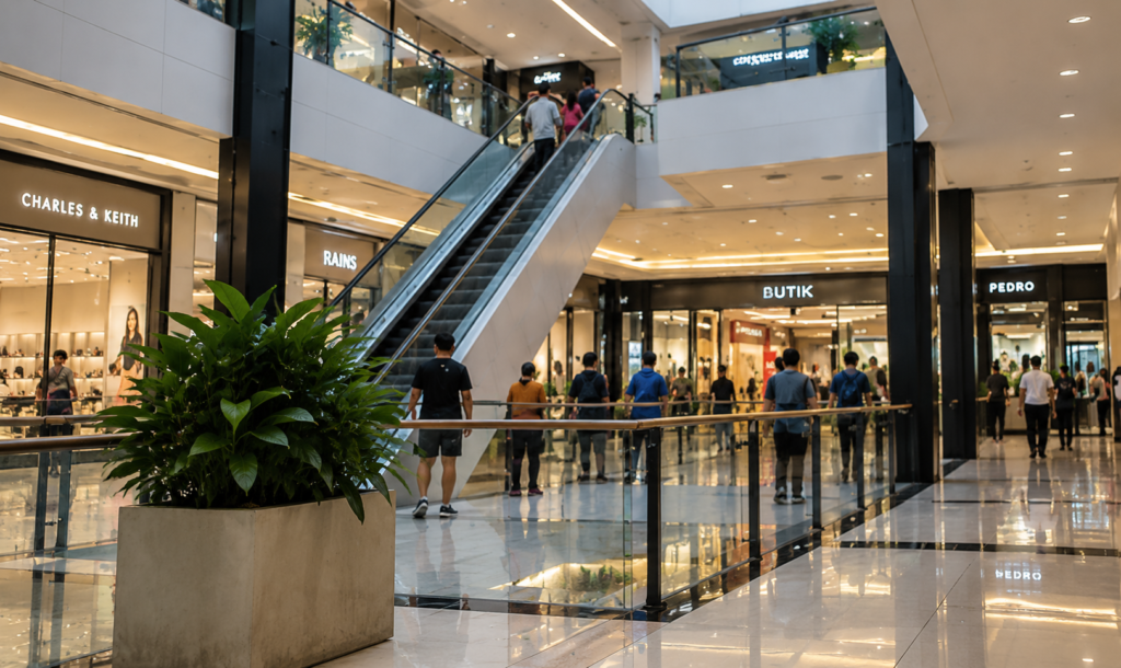 Clean and well-maintained shopping mall interior with polished floors