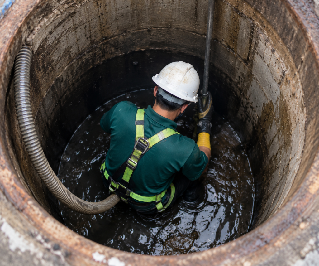 Cleaning worker removing waste from inside a confined pit