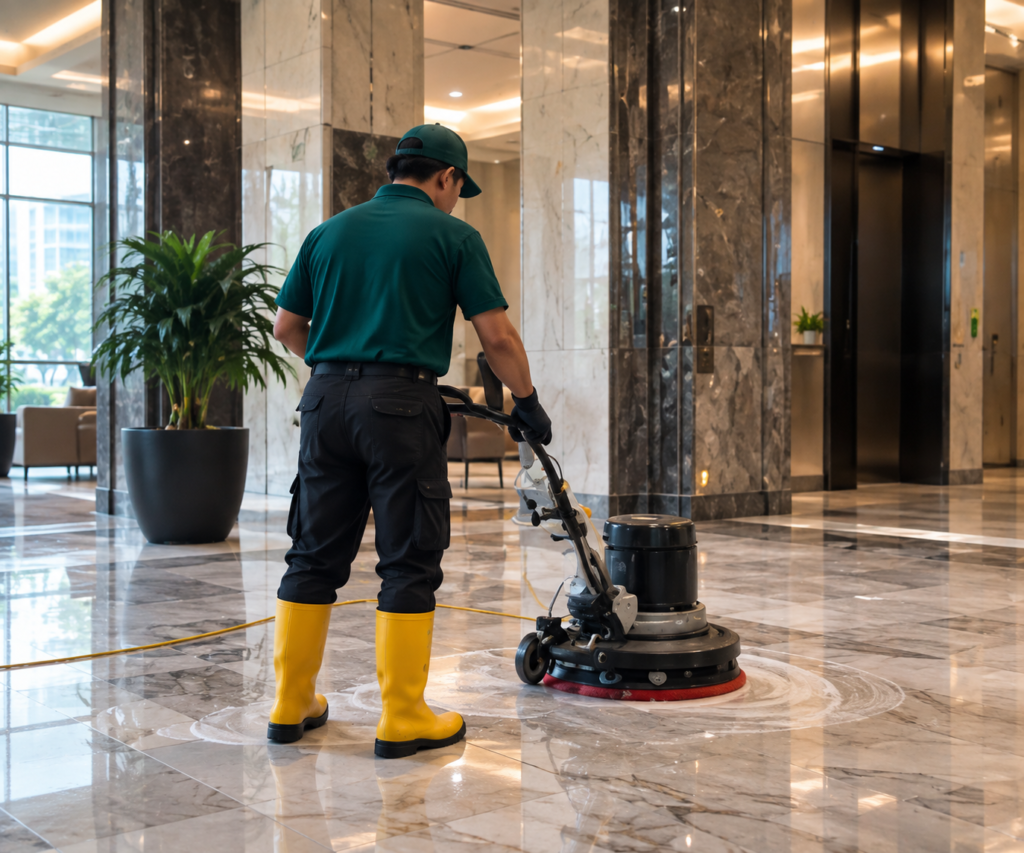 Worker polishing a marble floor in a commercial building