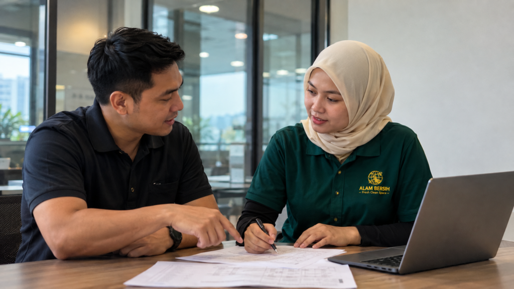 Alam Bersih representative discussing a cleaning plan with a client