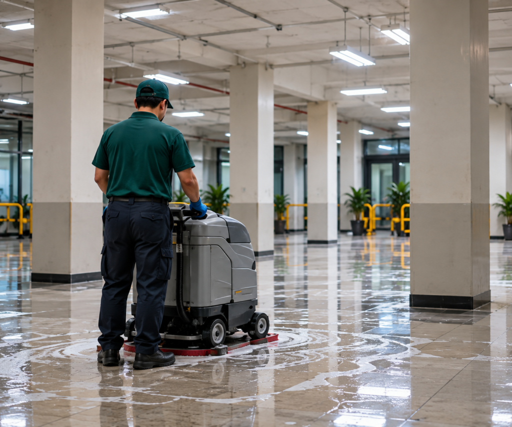 Worker carrying out floor scrubbing in an indoor commercial area