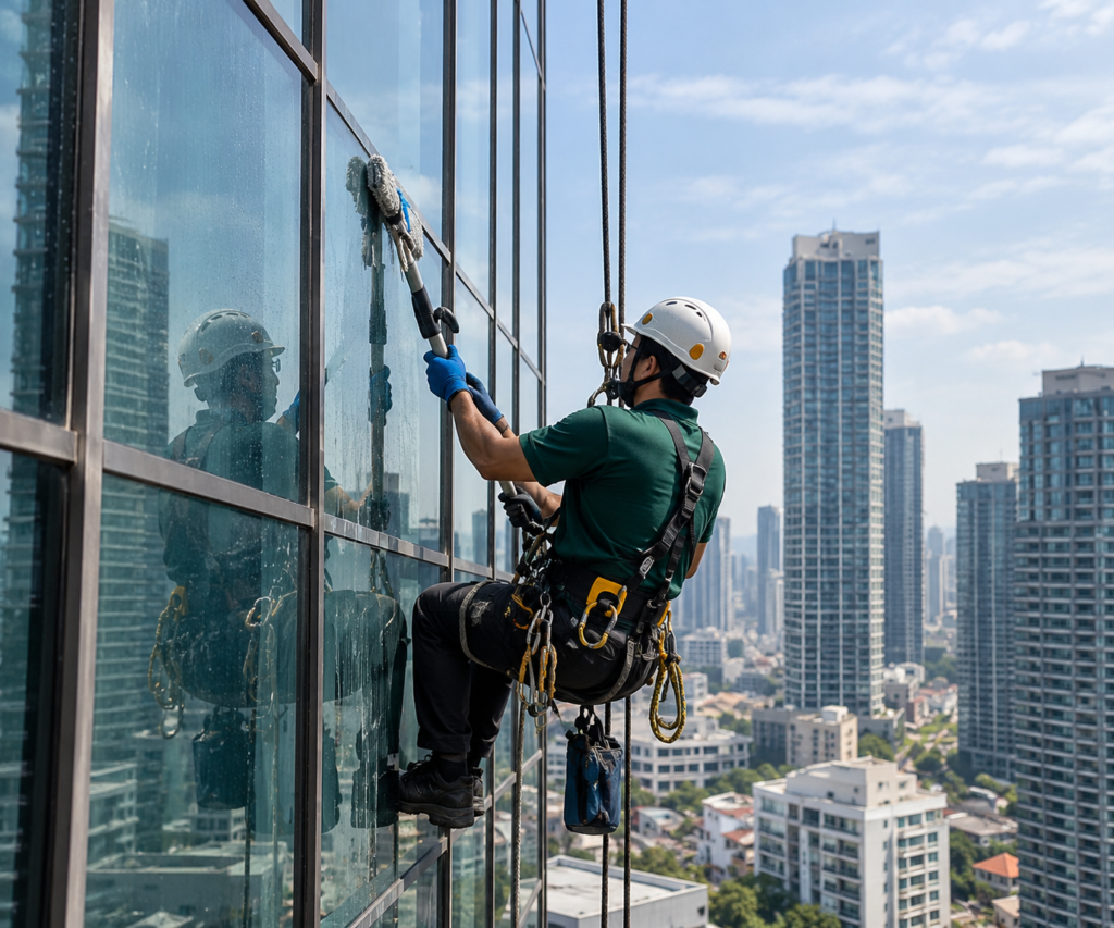 Professional window cleaner working on the exterior of a tall building