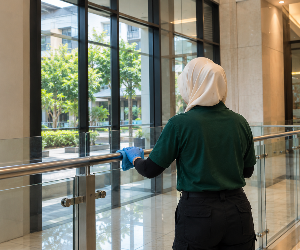 Alam Bersih cleaner wiping a glass railing in a condominium common area