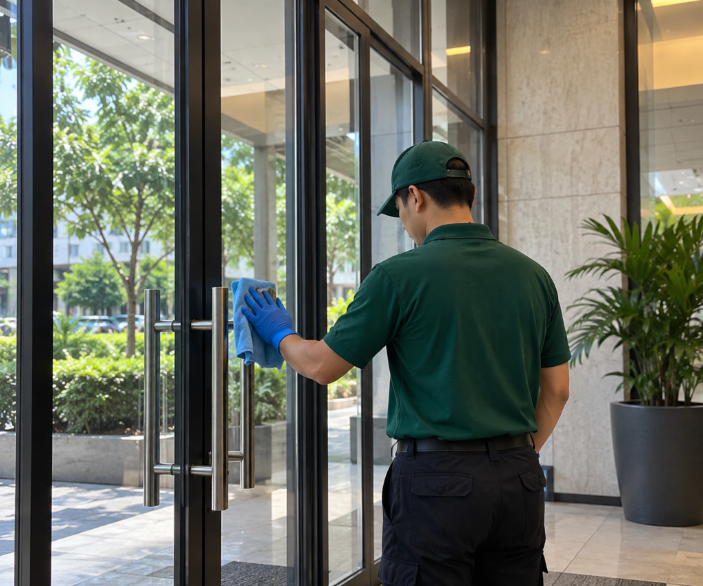 Cleaning staff wiping the glass entrance door of a condominium