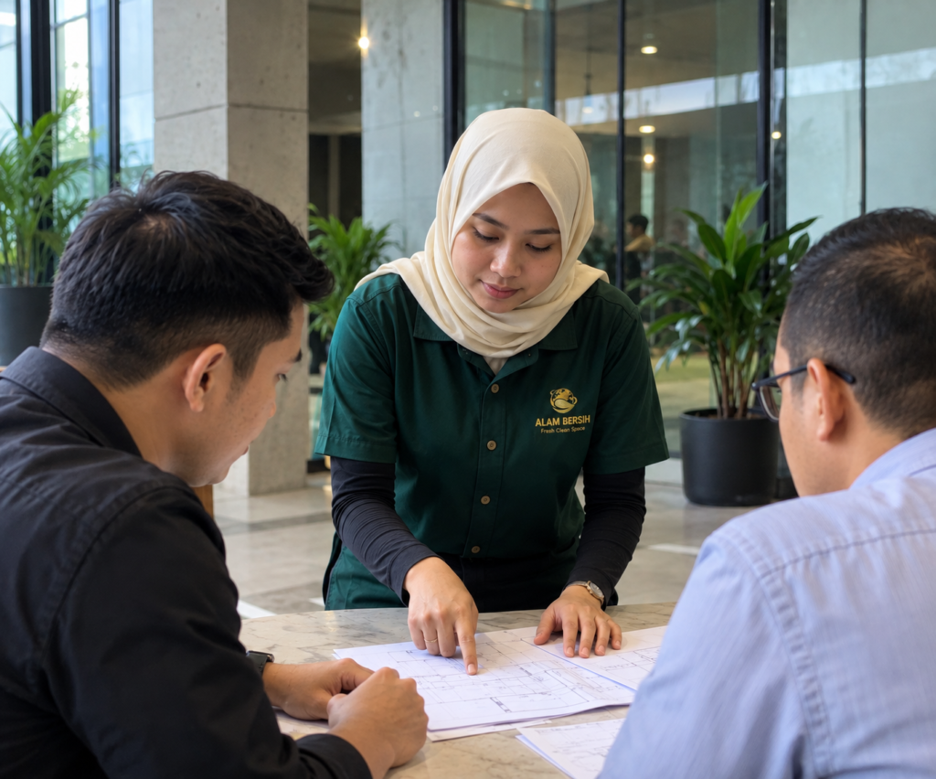 Alam Bersih team discussing cleaning requirements with a client
