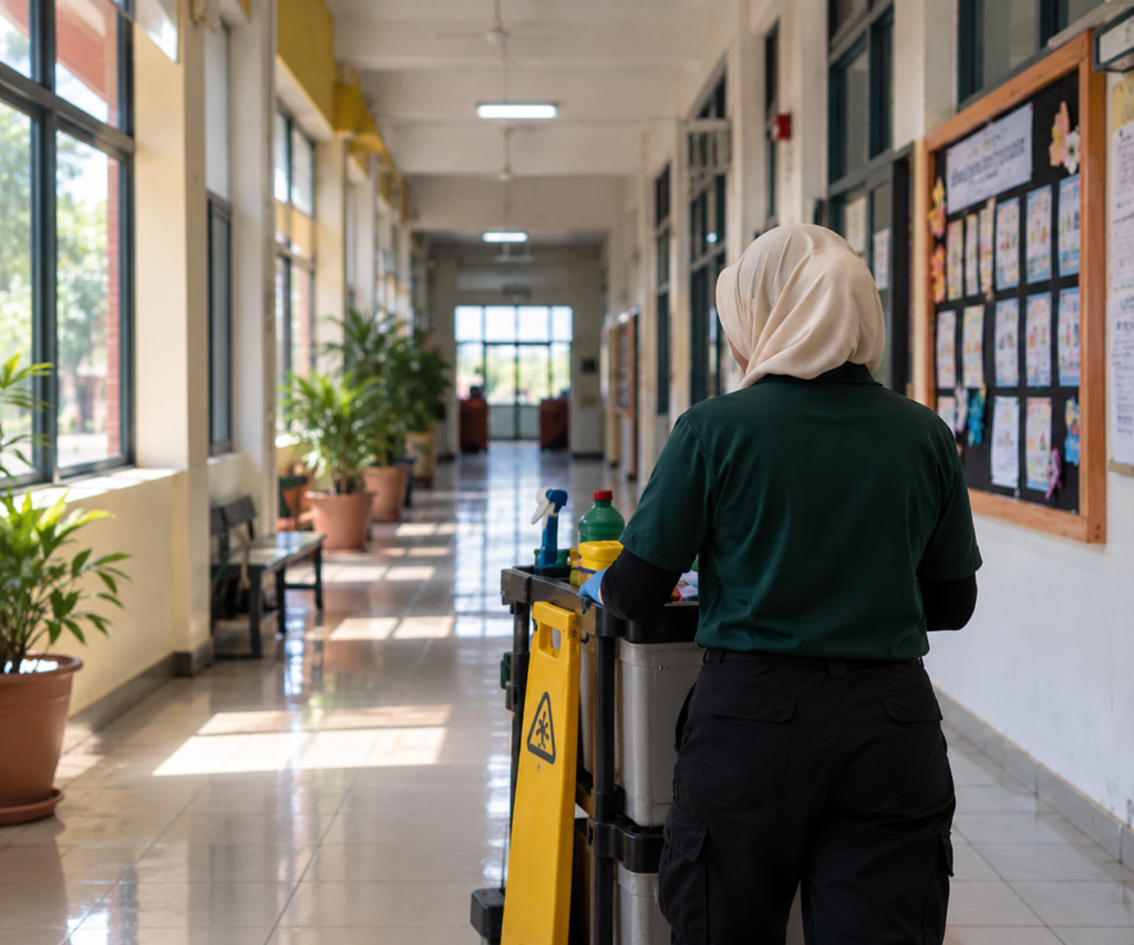 Alam Bersih cleaner pushing a cleaning trolley along a school corridor