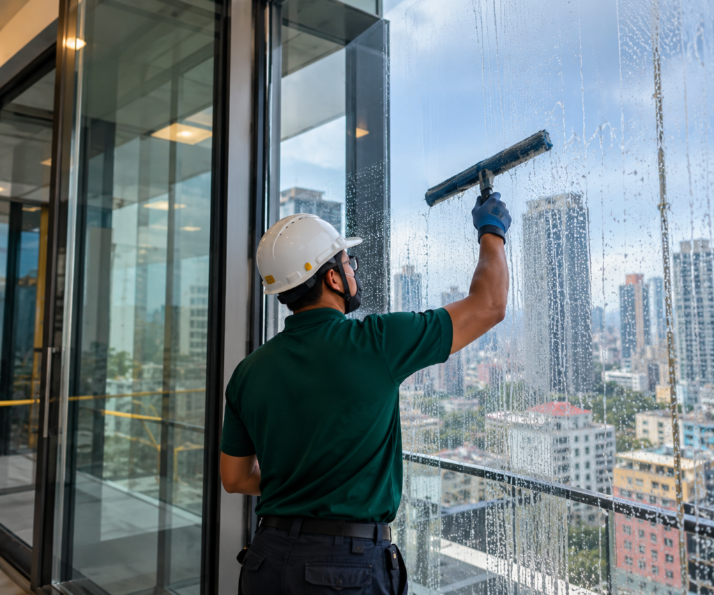 Worker cleaning exterior glass at a construction site