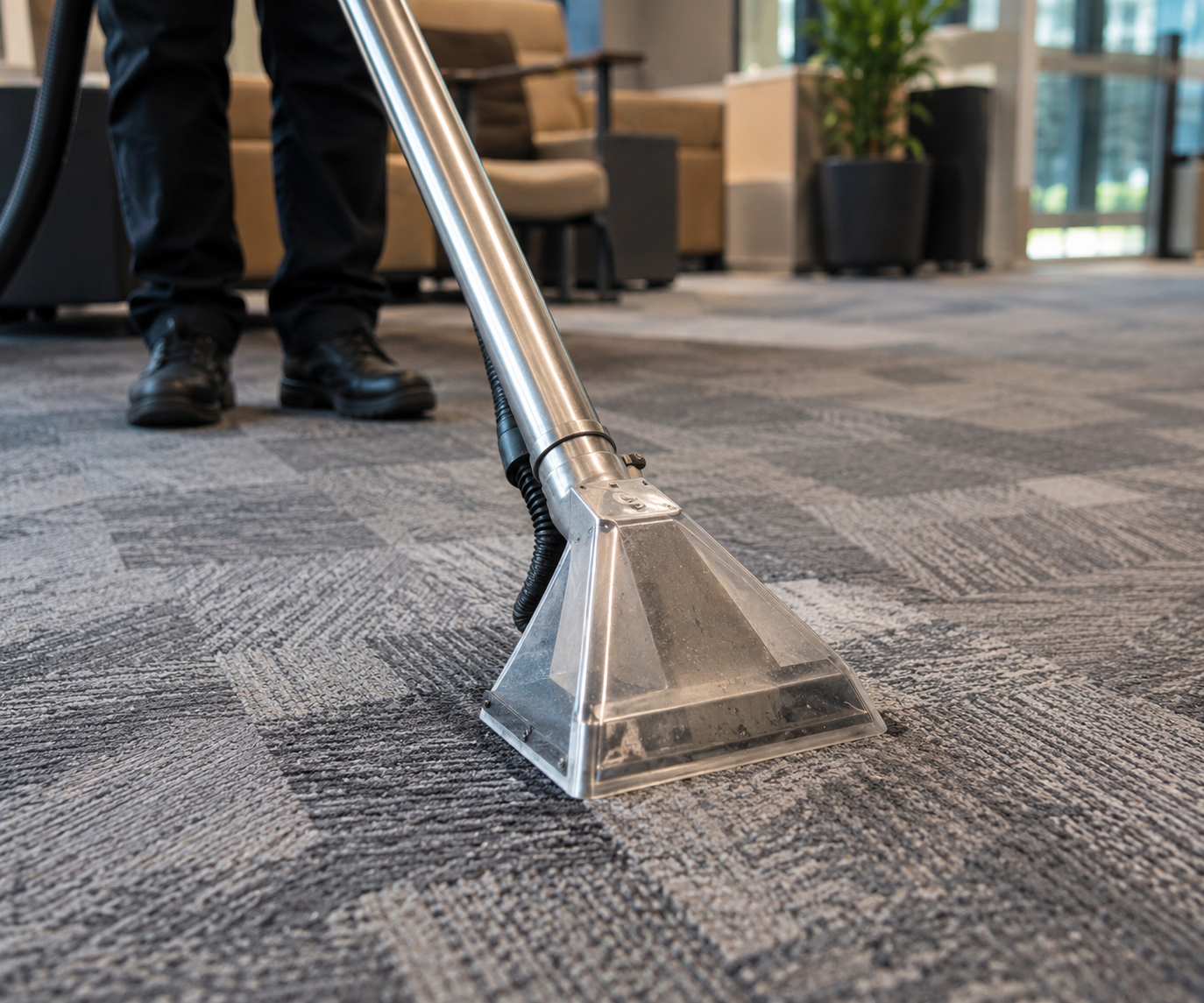 Carpet extraction machine deep cleaning a commercial carpet