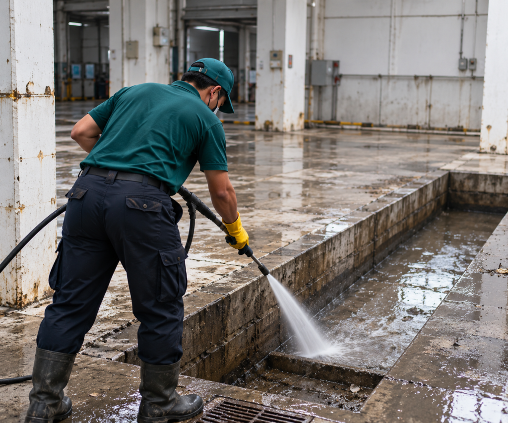Worker washing a drainage channel during routine maintenance