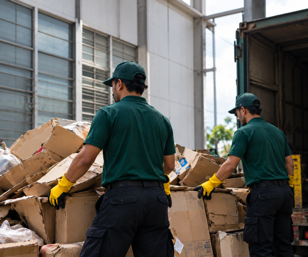 Cleaning staff handling cardboard and general waste for disposal