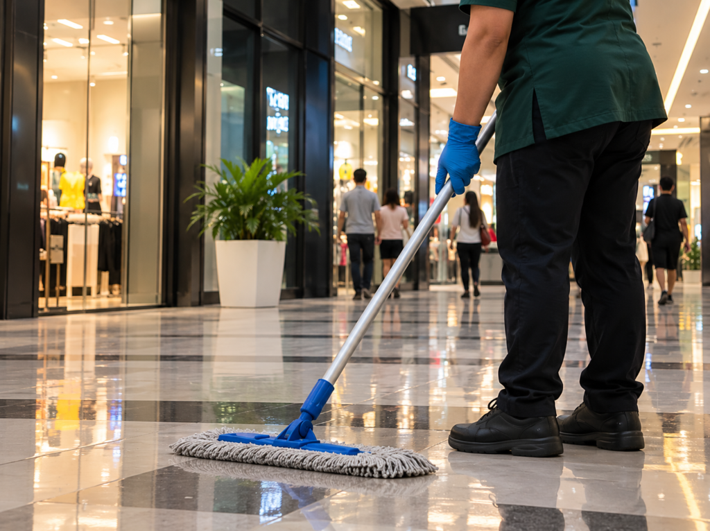 Cleaning staff mopping the floor inside a busy shopping mall