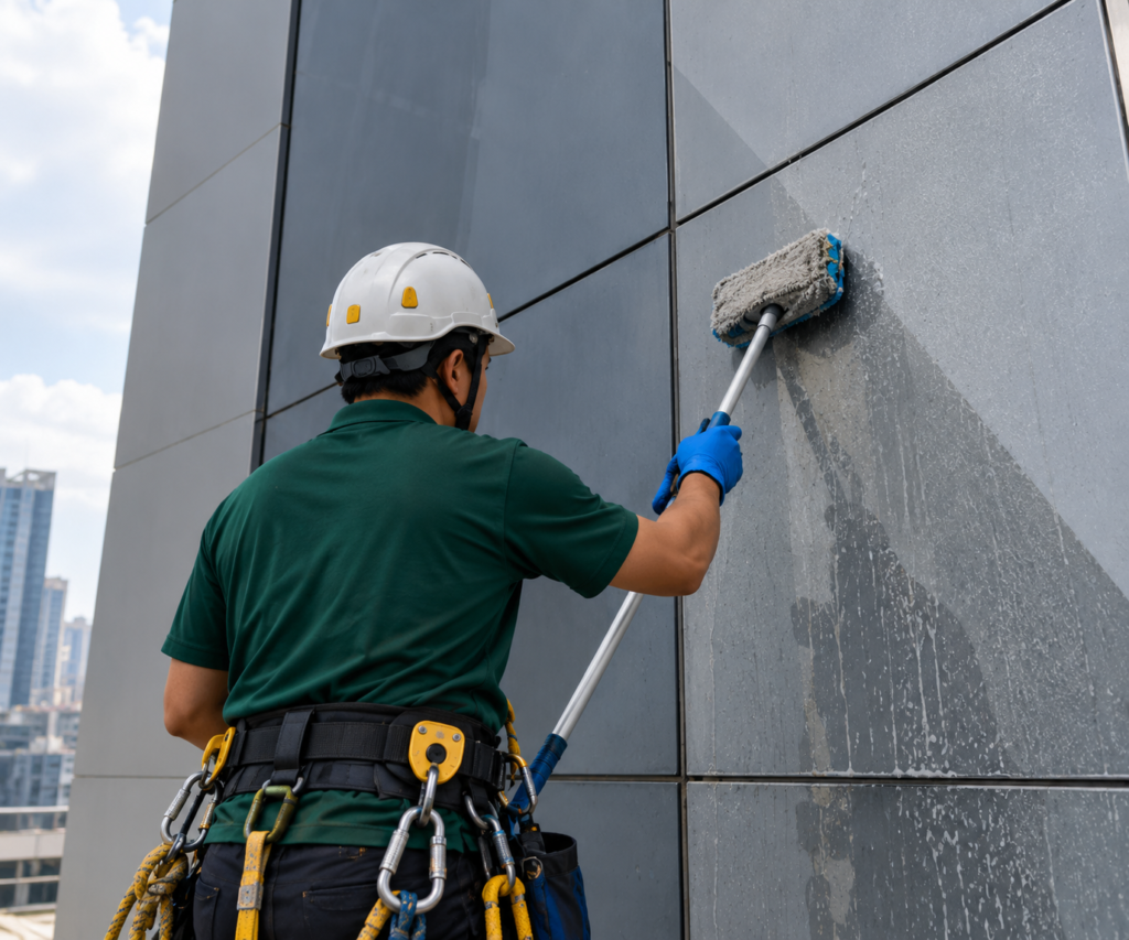 Cleaner washing exterior wall panels on a commercial building