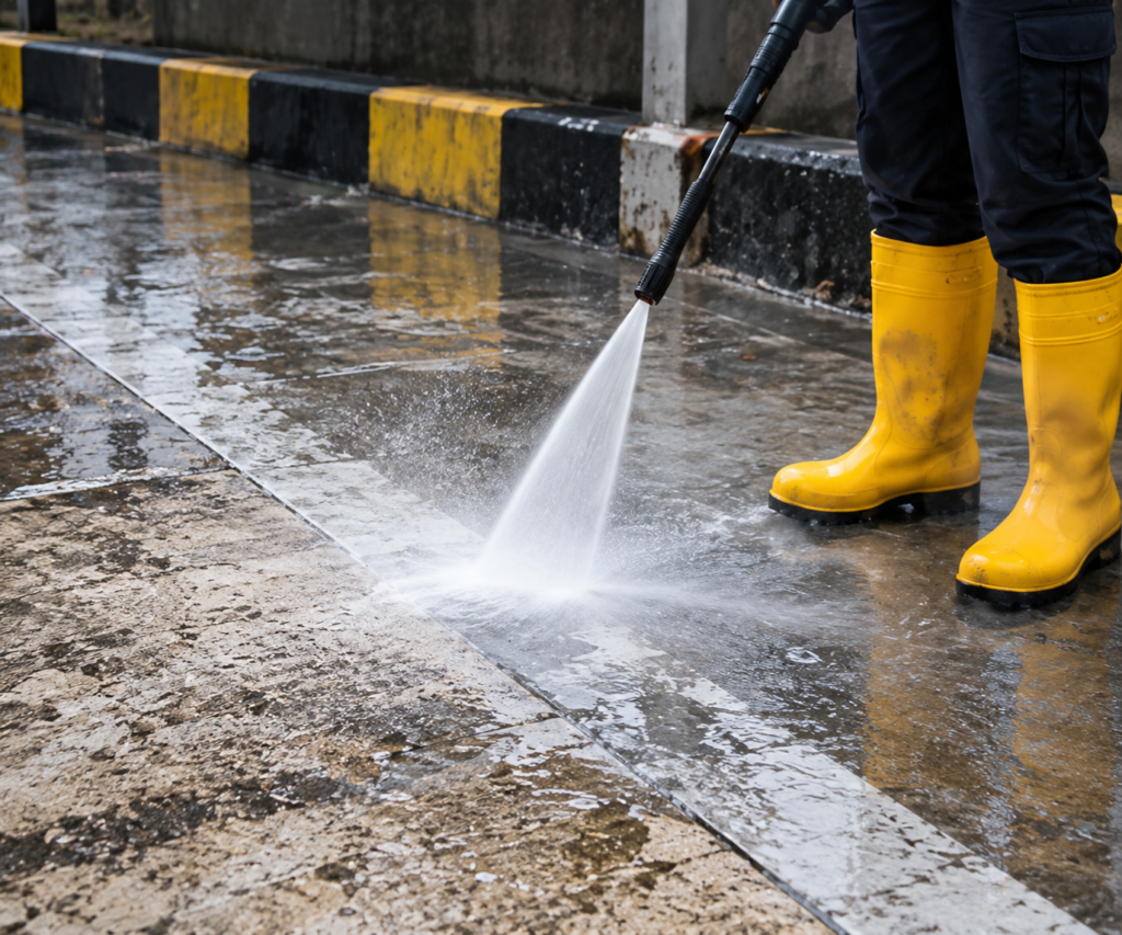Close-up of high pressure water jet cleaning a dirty floor surface