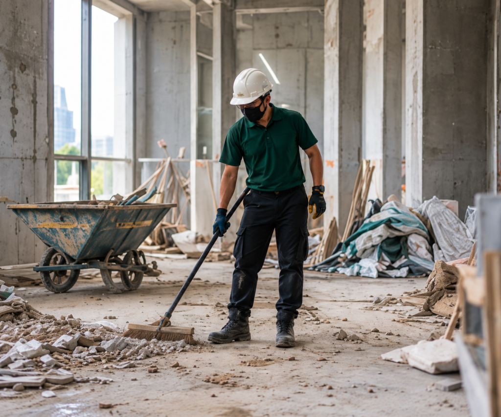 Worker clearing dust and debris at a construction site