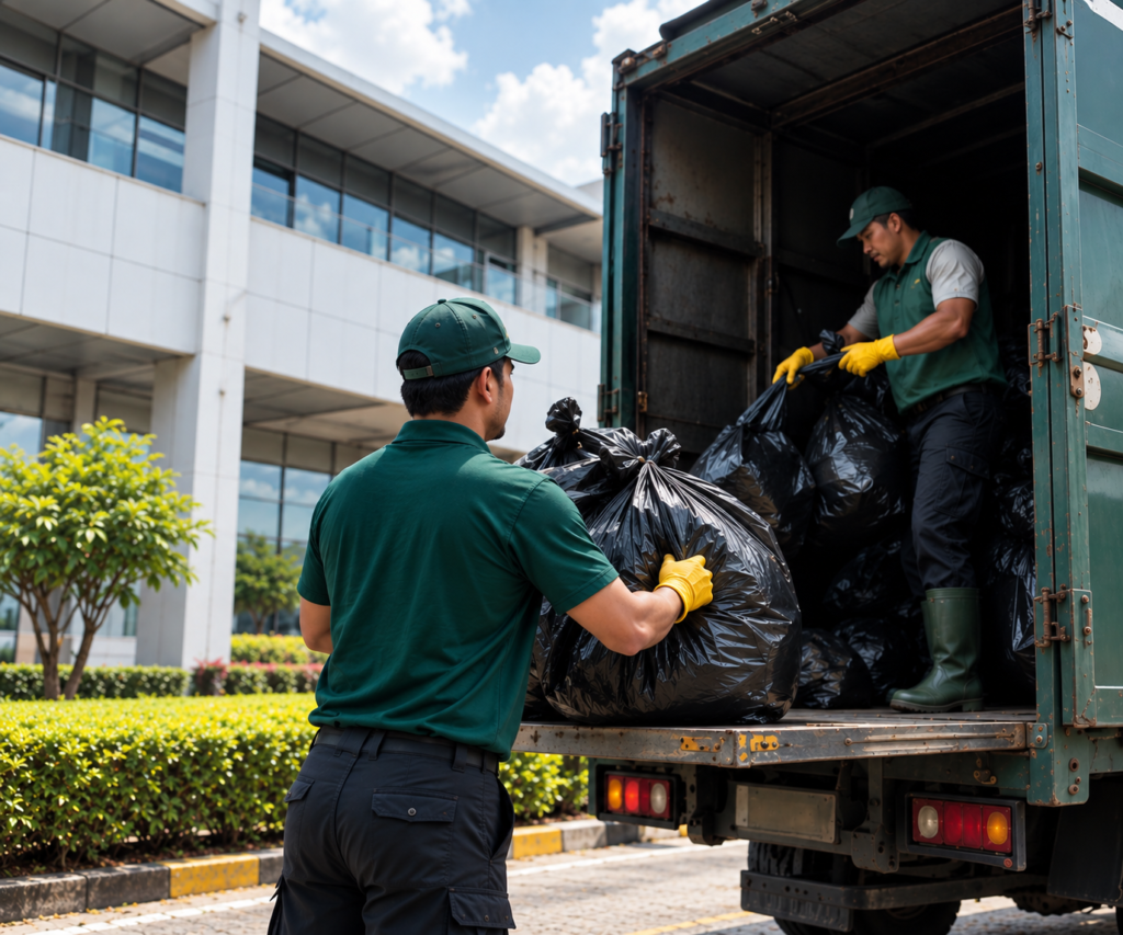 Cleaning workers loading bagged waste into a disposal truck