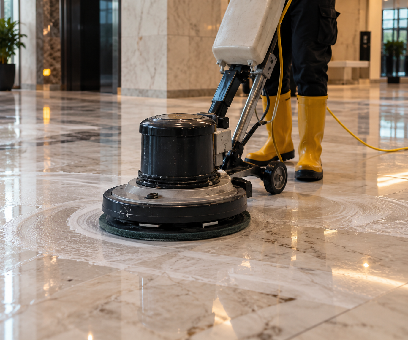 Floor machine honing a marble surface to reduce scratches and uneven areas
