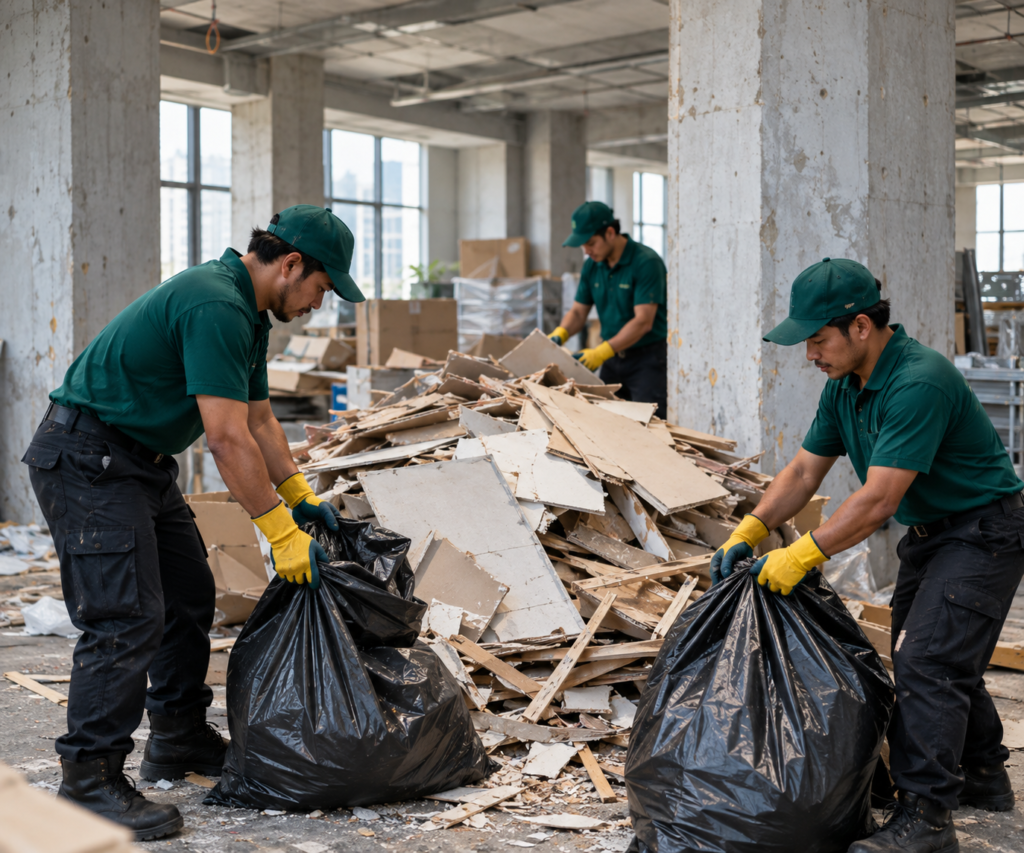 Workers clearing construction debris during a site clean-up
