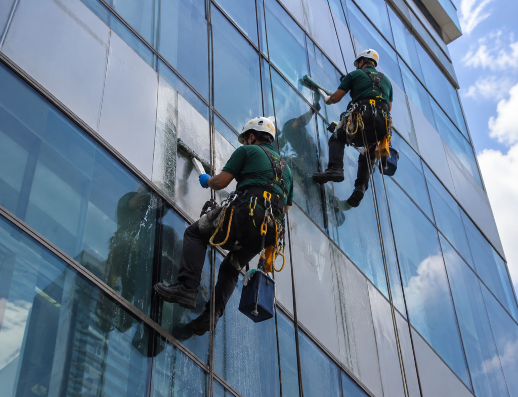 Two cleaners washing the exterior glass of a high-rise building