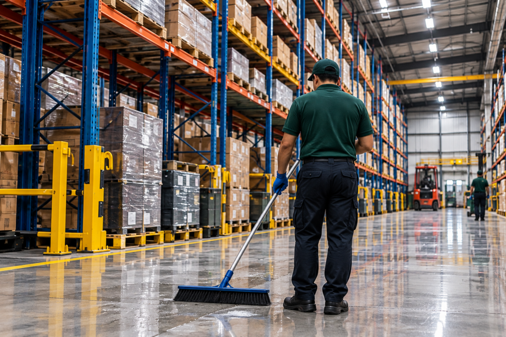 Cleaning staff sweeping the floor in a factory aisle