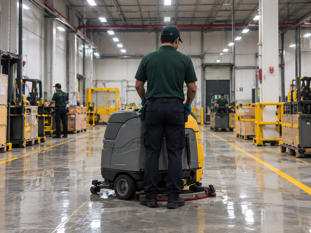 Worker using an industrial floor scrubber in a factory facility