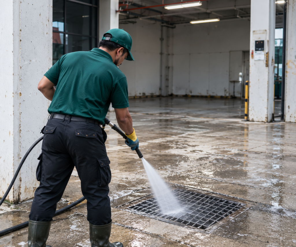 Worker cleaning a commercial drain with high pressure water