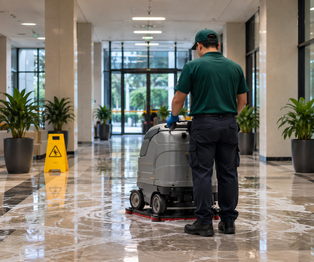 Cleaner using a floor scrubbing machine in a commercial building corridor