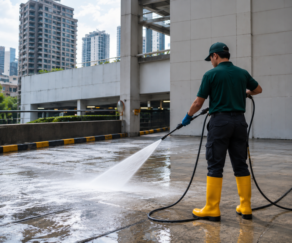 Worker carrying out high pressure cleaning in a commercial area