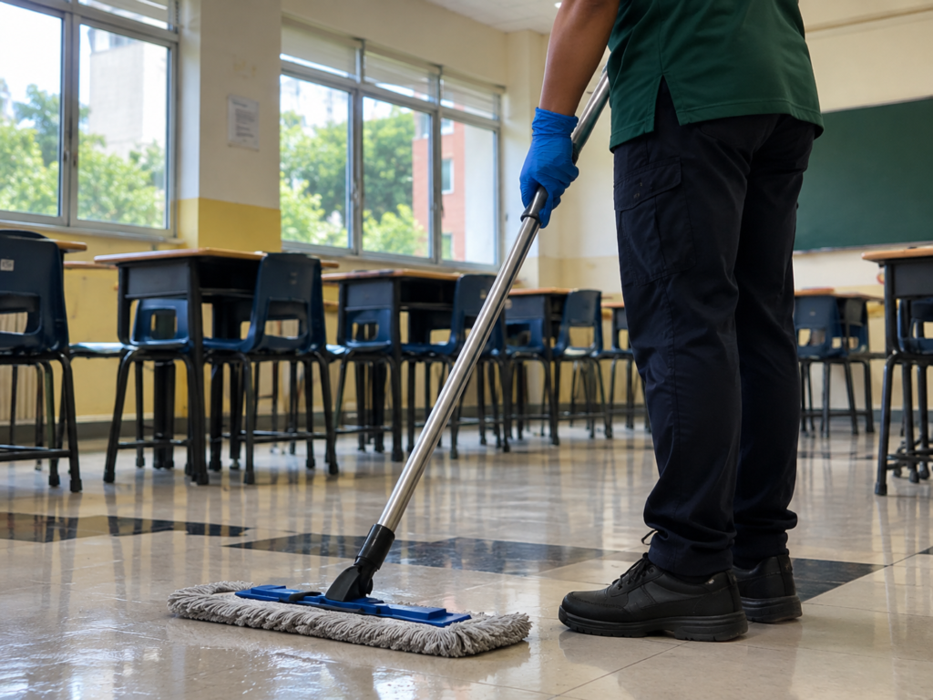 Cleaning staff mopping the floor inside a classroom