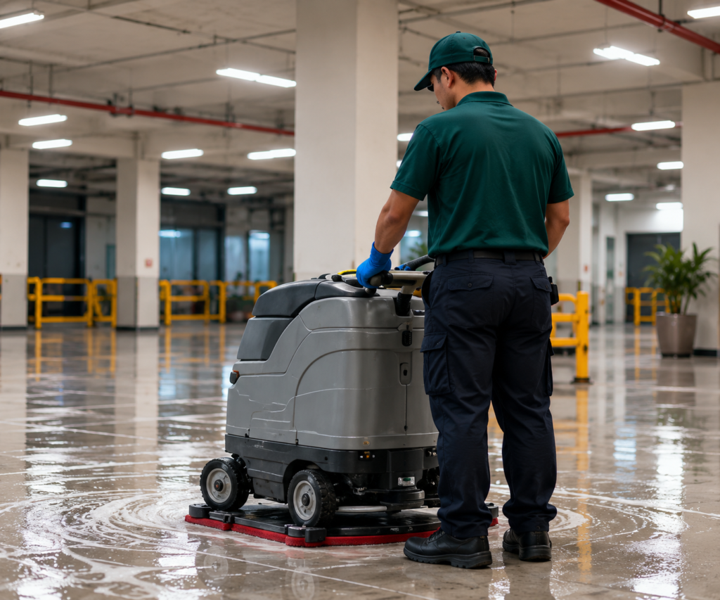Cleaning staff operating a floor scrubber in a large commercial space