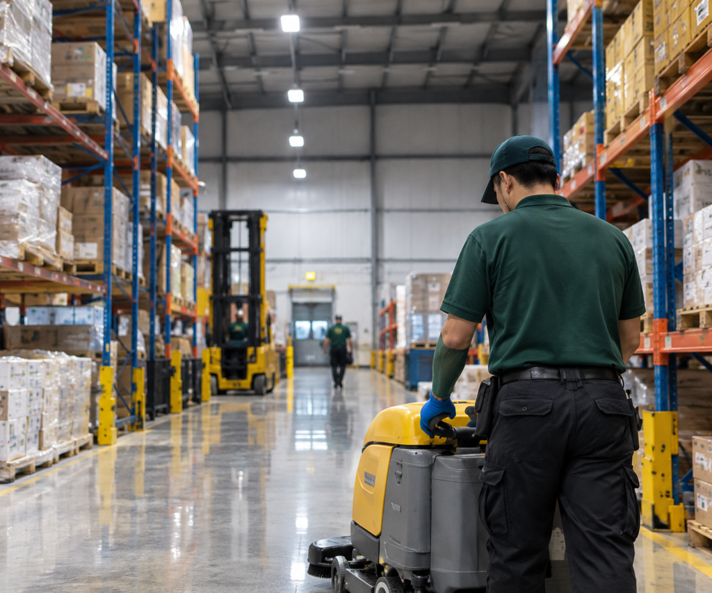 Factory cleaner operating a floor cleaning machine between storage racks