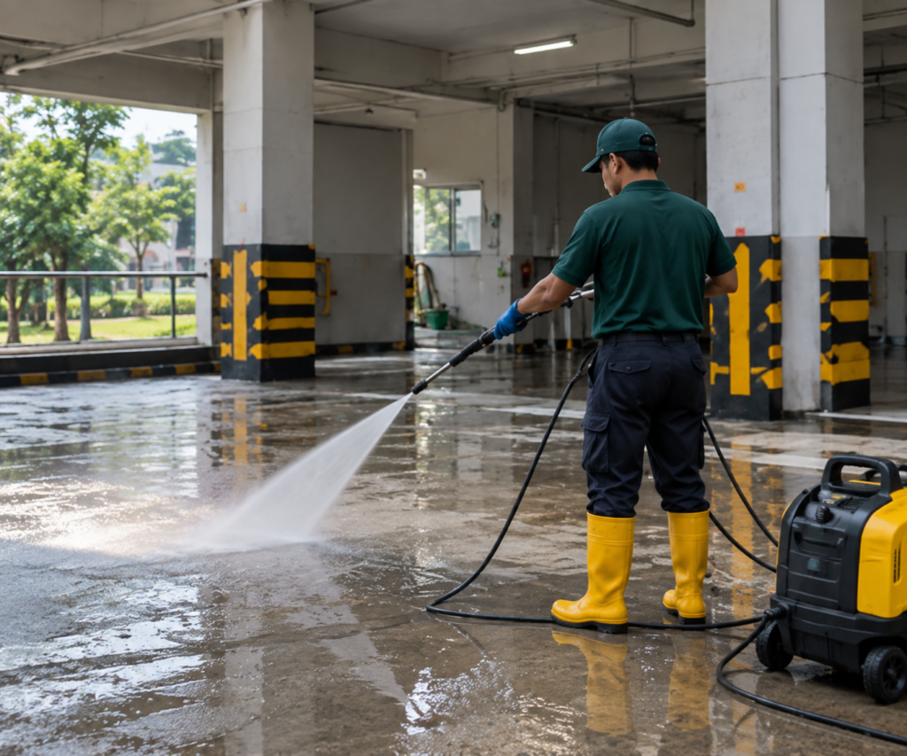 Worker using a high pressure water jet to clean a commercial floor